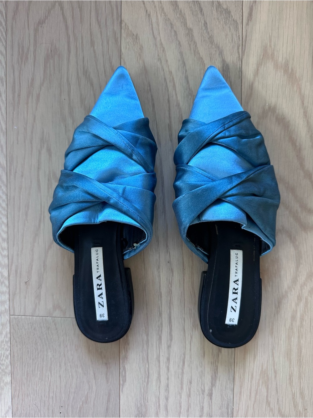 Zara Teal Satin Pointed-Toe Knotted Mules
